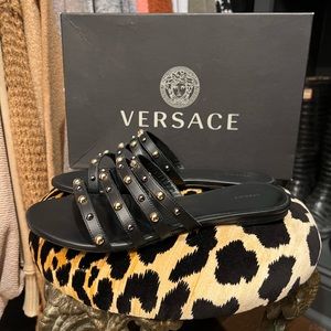 Versace studded Medusa flats slides women Black strap gold silver stud 38 fit